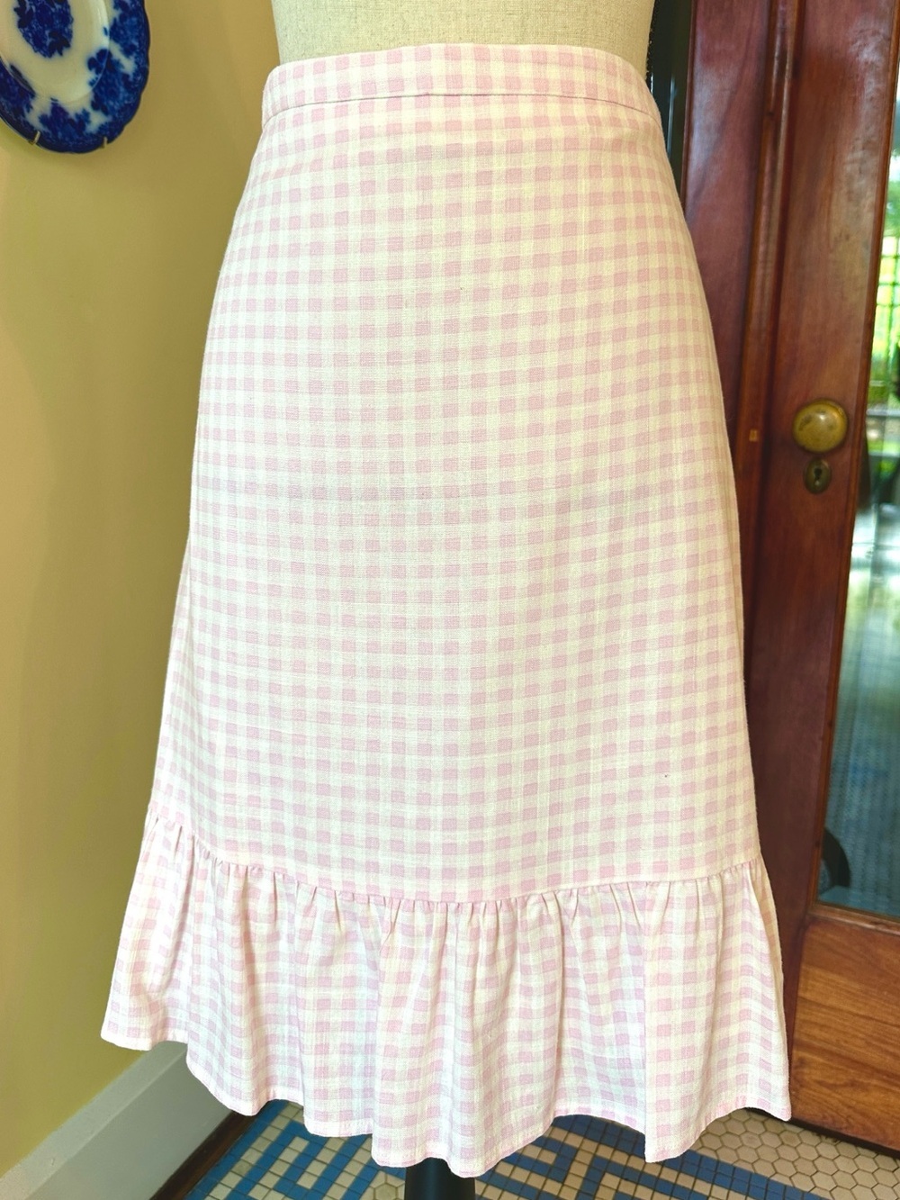 Draper James RSVP | Pink Gingham Ruffle Hem Skirt Linen Blend, Size 14